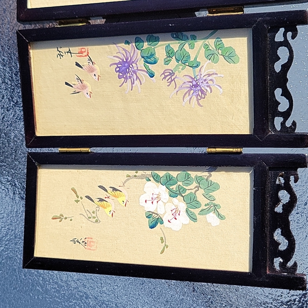 Vintage Chinese 4 Panel Mini Screen Artist Hand Painted Silk Lacquer Wood Glass - Picture 9 of 13